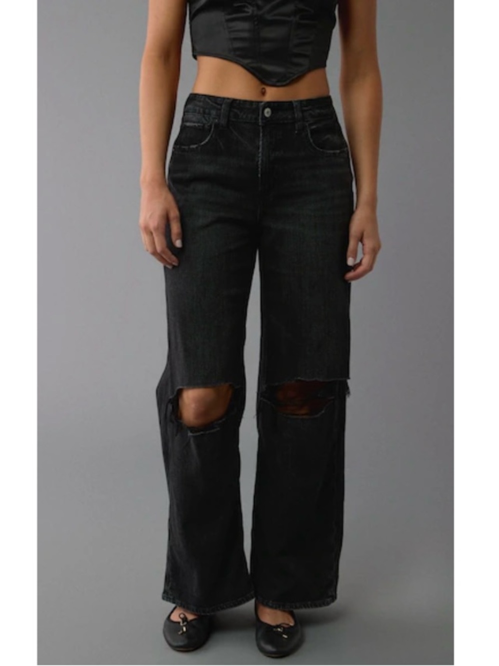 American Eagle Tall Dreamy Drape Super High Rise Baggy Wide Leg Jeans Black 2